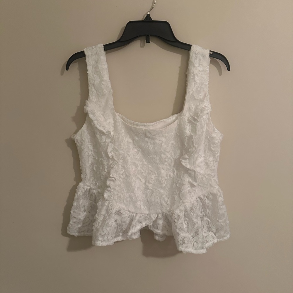 ARULA women’s white peplum cropped tank with lace and ruffles
